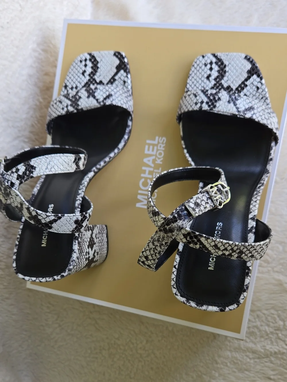 Michael Kors Black and White Snake-Print Block Heel Sandals